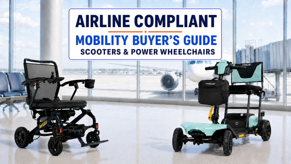 Jazzy Carbon folding power chair positioned at an airport gate ready for airline travel